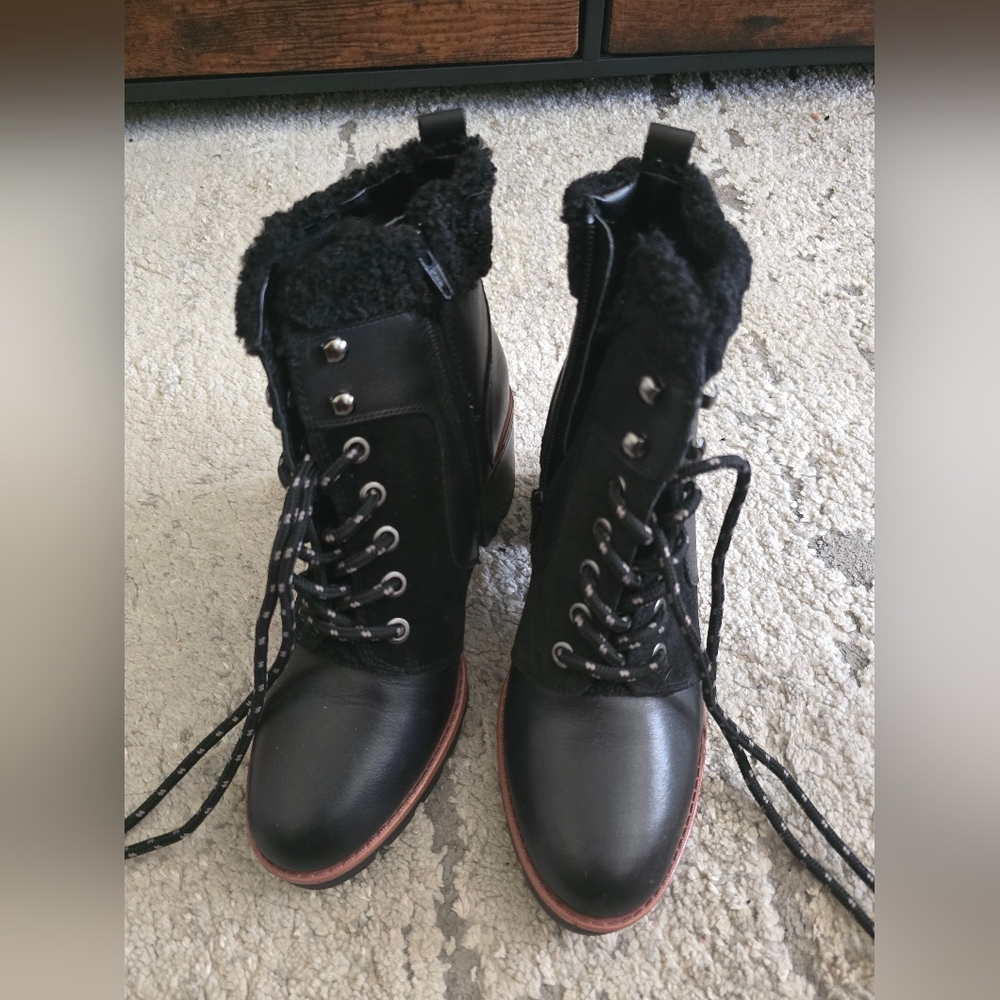 Naturalizer Val Sherpa Leather Lug Heel Lace Up Combat Ankle Boots Black 6